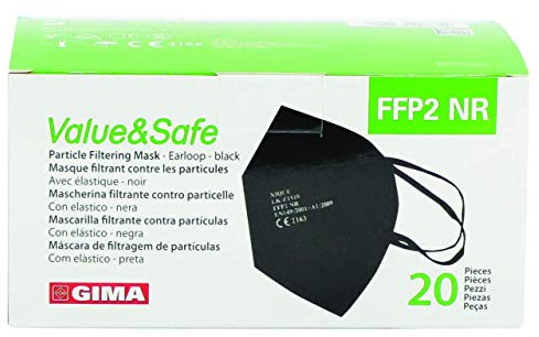 GIMA Masque filtrant FFP2 Value & Safe, 5 couches, noir, ergonomique, pliable, anti-poussière, élastiques flexibles et extensibles, DPI classe III, 20 unités en sachets individuels, GB, FR, IT, ES, PT