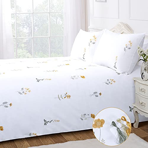 Floral Duvet Cover Set King White Flower Yellow Embroidered Bedding Set Cottagecore Elegant Botanical Wildflower French Country Cottage Fresh Summer Blossom Girls