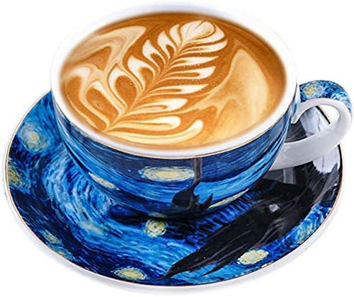 SOWOFA Porzellan Espresso Kaffeetasse Untertasse Set Fine Abstract Art Nordic Handbemalt Gold Edge Weithals Verdickte Keramikbecher (300ml)