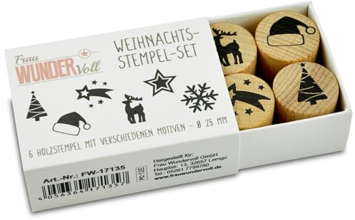 Frau WUNDERVoll® Stempel - 6 Weihnachtsmotive- aus Holz, Schrift-/ Motivgröße: Ø je ca 2,5 cm (Schneeflocke,Nikolausmütze,Stern,Sterschnuppe,Tannenbaum,Hirsch) Weihnachten, Adventskalender