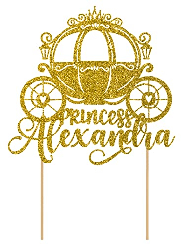 Personalised Princess Carriage Glitter Cake Topper- Gold Any Custom Name Glitter Cake Decoration and Sprinkles - Happy Birthday Decorations - Personalised Toppers for Cakes by Cakeshop