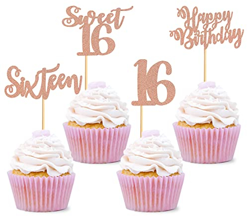 Blumomon Rose Gold Glitter 16th Birthday Cupcake Toppers Happy Birthday Sixteen Cupcake Toppers Sweet 16 Cake Decorations for 16th Birthday Sweet 16 Theme Party Supplies