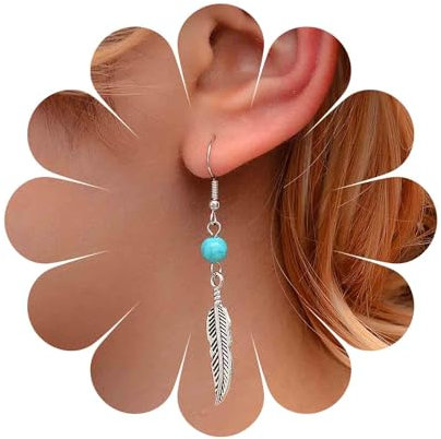 Inilbran Boho Türkis Blatt Anhänger Ohrringe Stammes-Feder Baumeln Ohrringe Vintage Blatt Tropfen Ohrringe Ethnischen Türkis Perle Tropfen Ohrringe Schmuck Für Frauen Und Mädchen