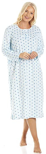Camille Ladies Fleece Long Sleeved Nightdress, Warm Women's Nightie | Round Neck Button Fastening, Below-Knee Length Lightweight Ladies Nightdress, Cosy, Soft Sleepwear, Traditional Nightwear