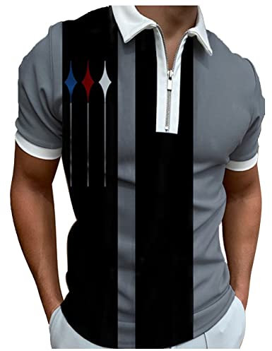 Hodaweisolp Polo da golf da uomo a maniche corte con cerniera casual slim fit stampata, A righe grigie., L