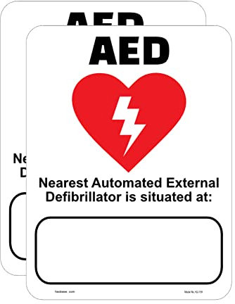 Haobase Lot de 2 panneaux de sécurité AED – Panneau de sécurité auto-adhésif en vinyle « Nearest Automated External Defibrillator Is Situated At Emergency » (20 cm x 15 cm)