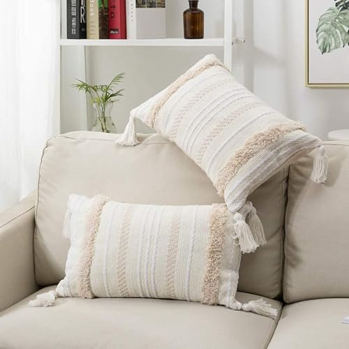 Ruucy Boho Kissenbezüge 2er Set, Makramee Boho Kissenbezug 30x50cm mit Tufted Tassel, Woven Deko Kissenhülle Boho Kissen für Couch Sofa Schlafzimmer Wohnzimmer Auto Büro, Beige