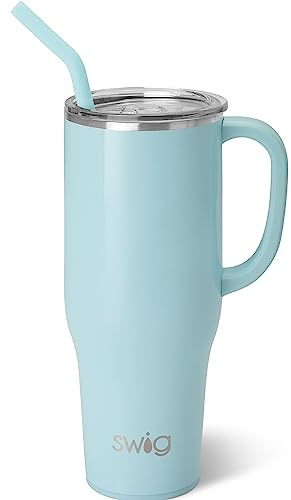 Swig Life 40oz Mega Mug, 40 oz Tumbler with Handle and Straw, Cup Holder Friendly, Dishwasher Safe, Extra Large Insulated Tumbler, Stainless Steel (Aquamarine)