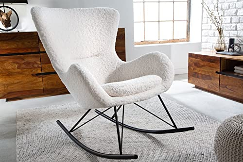 LEBENSwohnART Bequemer Schaukelstuhl Hygge Weiss Bouclé Sessel Teddystoff Swing