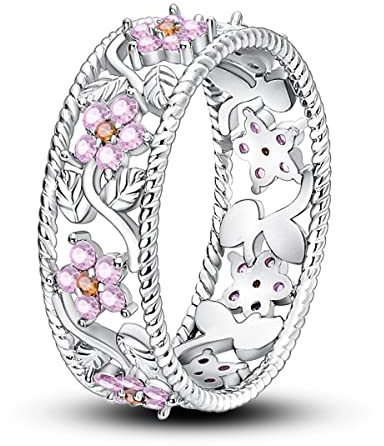 Hapour 925 Sterling Silber Damenringe mit rosafarbenem Blumen-Zirkonia stapelbare Eternity-Ringe Statement-Ringe für Frauen und Mädchen Größe 8