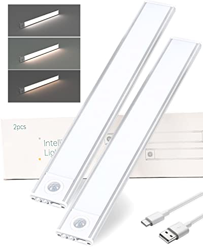 Thcohee Under-Unit Light Kitchen 30cm-54LED Sensor Light 3 Colour Modes with Motion Sensor Cabinet Light LED Strip Battery USB Rechargeable, for Kitchen, Cupboard, Wardrobe, Stairs(2 Stück)