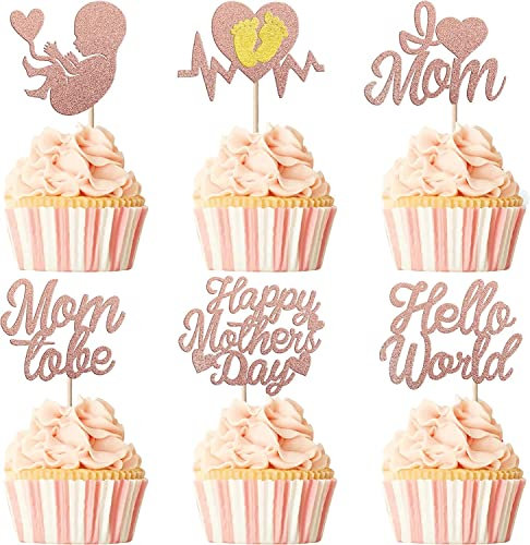 24 Stück Happy Mother's Day Tortendeko, Glitzer Herz Best Mom Cake Toppers I Love You Kuchen Deko Cupcke Toppers für Glücklicher Muttertag Thema Frauen Geburtstag Party Supplies Rosegold