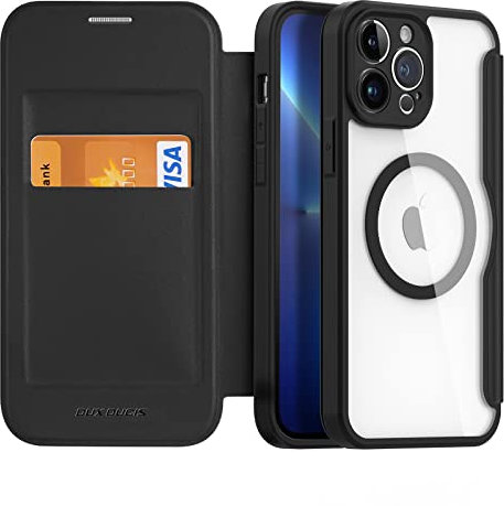 DUX DUCIS Magnetic iPhone 13 Pro Max Case for MagSafe, [Camera Protection] Premium Leather Clear Shockproof Protective Phone Case Cover with RFID Blocking Card Holder (Black)