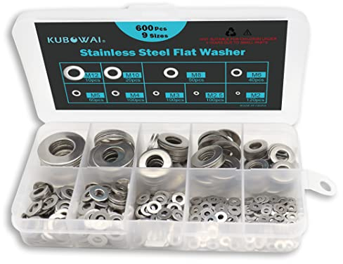 KUBOWAI Juego de Arandelas de Acero Inoxidable de 600 Piezas, Arandela de Seguridad, Combinación de Arandelas Planas, con Caja de Surtido, M2, M2.5, M3, M4, M5, M6, M8, M10, M12 (9 Tamaños)