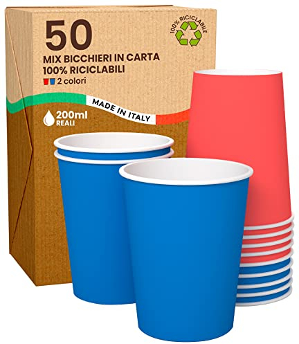 50 Bicchieri in Carta 200ml Mix Party Ecologici Biodegradabili Monouso Made in Italy Asporto Bevande Calde Acqua - MIX di Colori Blu Rosso - Prodotto e Confezionato in Italia