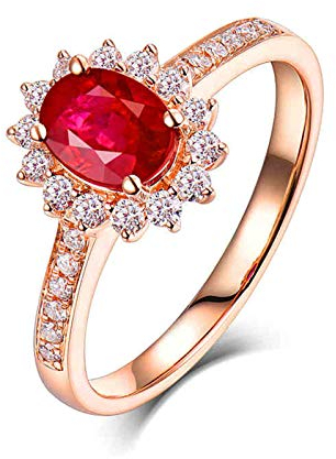 Lieson Rotgold Ring Damen 750 18K, Verlobungsringe Frauen Klassisch Blume 0.76ct Oval Rubin mit 0.32ct Diamant Hochzeit Ring Rosegold Große 48 (15.3)