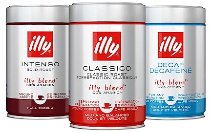 illy Caffè Macinato per espresso Tostato CLASSICO, INTENSO, DECAFFEINATO, 3 Barattoli da 250 grammi