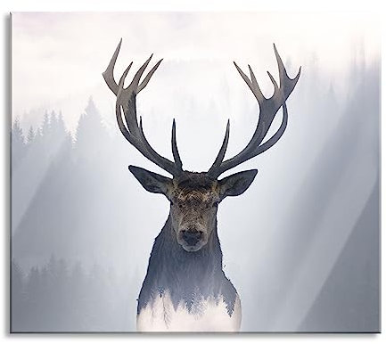 Nahaufnahme Hirsch im Nebelwald abstrakt Herdabdeckplatte & Spritzschutz aus Echtglas | Für Herd-Kochfelder | 60x52 cm