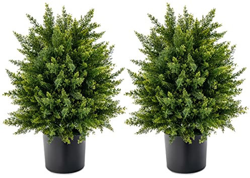 GIANTEX Set di 2 alberi artificiali di cedro da 55 cm, piante finte di cespuglio in vaso con cemento per decorazione interna ed esterna