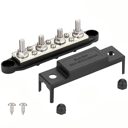 Greluma 1 Stück Stromverteilerblock-Sammelschiene,4 x M8-Bolzen (5/16 Zoll),6 x M4-Schraubklemmen (#8),max.48 V,250 A
