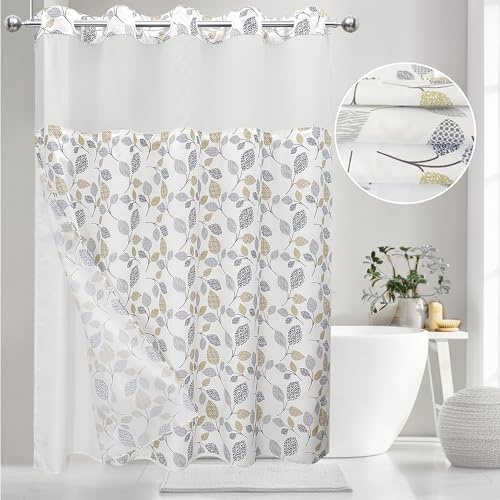VIUOON Rideau de douche sans crochet avec doublure en tissu à clipser, double couche, tissu robuste à motif petites feuilles, rideau de salle de bain avec dessus transparent, qualité hôtelière,