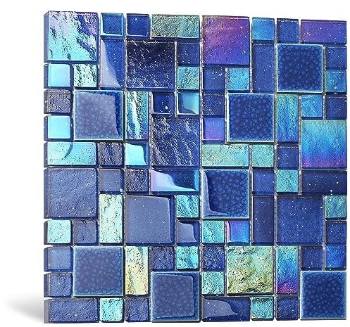 Blujellyfish Blue Glass Mosaic Tiles French Pattern Square Mosaics Sheets Iridescent Cobalt Blue Crystal Glass Ceramic Accent Wall Tile for Swimming Pool Kitchen Bathroom Backsplash (5 Square Feet)
