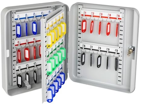 HMF 13040-07 Schlüsselkasten abschließbar, Schlüsselschrank groß | 40 Haken | 30 x 24 x 7,5 cm | Lichtgrau