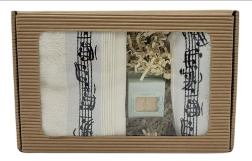 musikalisches Geschenkset mit Gästehandtuch, Waschhandschuh (Creme) und Mini-Seife im Geschenkkarton