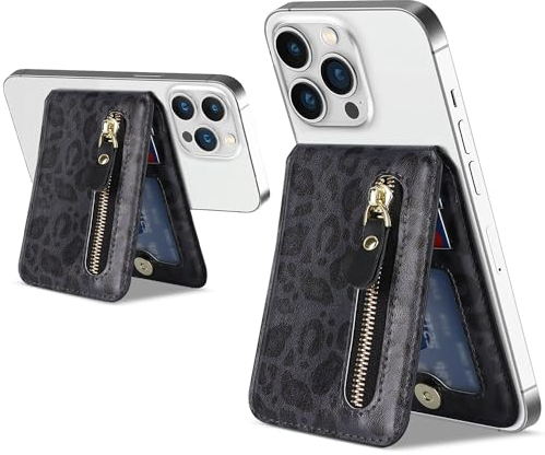 ELTEKER Magnetischer Handy Kartenhalter kompatibel mit MagSafe Wallet mit verstellbarem Stand,Handy Kartenetui MagSafe Wallet für iPhone 15/14/13/12 Series, dunkel Leopardenmuster