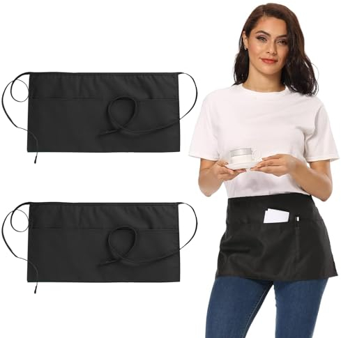 MytaYt 2 Stück Kellnerschürze Schwarz Kurz Kurze Kochschürze Herren Damen Schwarze Taillenschürze mit 3 Taschen Schwarze Schürze Wasserdicht für Restaurants, Cafés, Bar