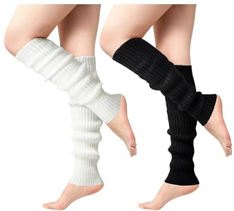 Difistik 2 Pairs Leg Warmers for Women Winter Knit Leg Warmers Japanese Style Stylish Warm Long Boot Socks for 80s Party Yoga Ballet Dance Ice Skating Accessories (Black + White)