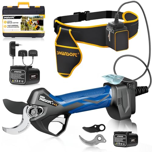 [Silenzioso e Duraturo] SWANSOFT PRU36 Forbici Potatura a Batteria, Professionali 36mm 16,8V 900W 4Ah+2Ah Cesoi a Batteria Per Potatura Forbice Elettrica Per Potatura, Blu/Nero