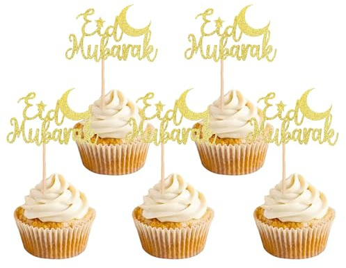 WchoeSS 18 PCS Eid Mubarak Cake Topper,Eid Mubarak Cupcake Toppers, Muslim Mubarak Glitter Cake Decorations Ramadan Kareem Party Eid Decorations Birthday Cupcake Toppers