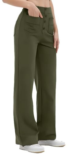SotRong Wide Leg Stretchy Trousers for Women UK High Waisted Button Multiple Pockets Pull On Straight Leg Casual Comfy Pants Ladies Elasticated Trousers Style Yoga Pants Olive Drab L