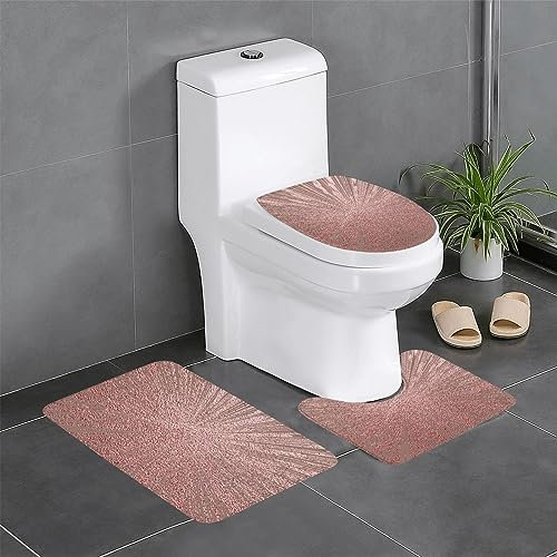 AUBKFELD Rose Gold Pink Printed Bath Mat Set 3 Piece - Anti-Slip Bathroom Rugs Sets | Bath Rug And Contour Mat And Toilet Seat Cover, J561B2452