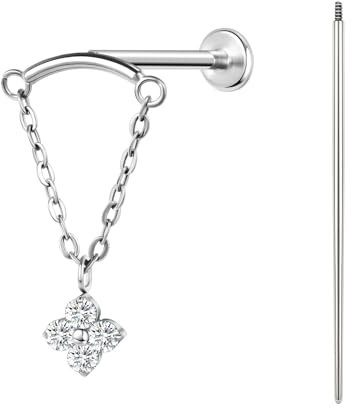 BodyAce ASTM F136 Titan Helix Piercings Ohrstecker, 16G Flatback Lippenpiercing With Piercing Taper, Nasenstecker Conch Tragus Piercing Schmuck [Hängende Kette mit rundem Blumenzirkon]