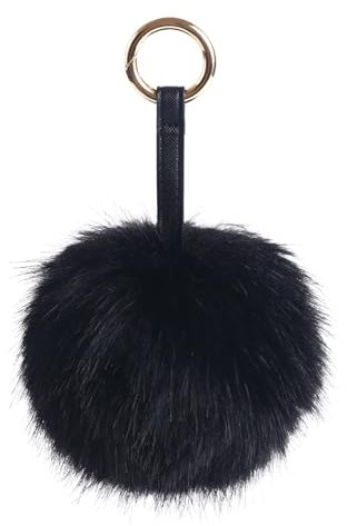 S.ROMZA Porte-clés à pompons en fausse fourrure artificielle - Porte-clés moelleux en peluche pour sac à main, sac à dos, portefeuille, pendentif pour femme, Noir, 5.1inch