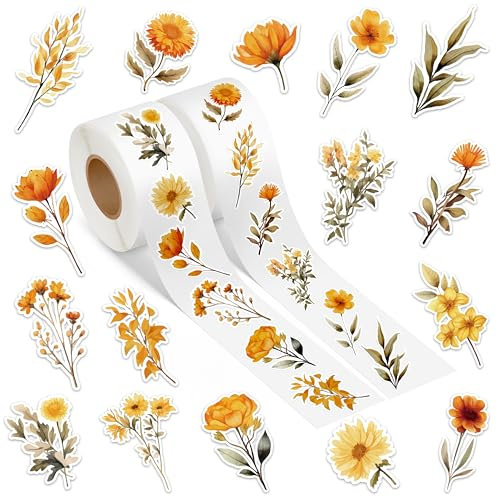 A1diee Orange Flower Plant Sticker - Watercolor Natural Floral Self-Adhesive Vintage Cute Decals for Scrapbook Laptops Party Favor Windows Water Bottle Decoration,1000Pcs in 2 Rolls with 16 Patterns