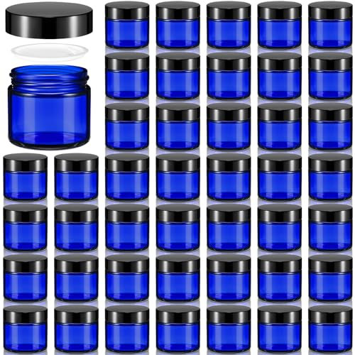 Domensi Lot de 48 bocaux en verre de 56,7 g avec couvercles, étanches, ronds et hermétiques avec doublures intérieures, pour ranger lotions, poudres, pommades, échantillons, bougies crème (bleu