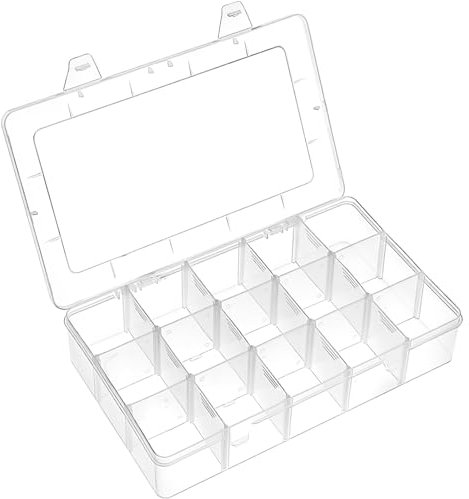 Qualsen Plastik Aufbewahrungsbox Einstellbar Fächer Sortimentskasten Schmuckschatulle Werkzeugcontainer (15 Raster, Transparent)