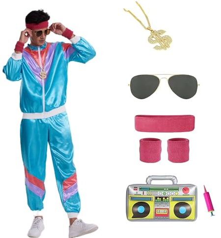 DEIUOG 80er 90er Jahre Kostüm Herren Damen Halloween Kostüme Muschelanzug mit 4 Accessoires Brille Stirnband Armbänder Halskette Aufblasbares Radio 80er Jahre Verkleidung Hirsch Kostüm für Erwachsene