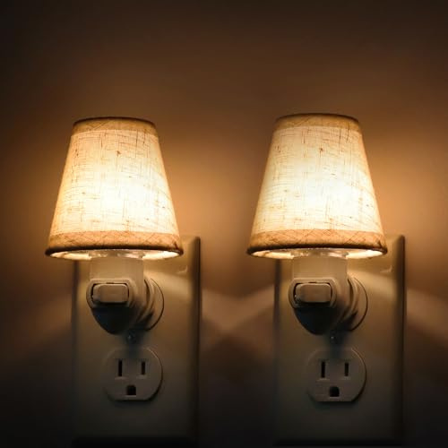 LOIWON Vintage Plug in Night Light with Switch, 2-Pack 0.5W LED Night Lights Plug into Wall Socket, Soft Warm Baby Nursery Nightlight with Linen Fabric Lamp Shade for Adult Kids Room Bathroom Hallway