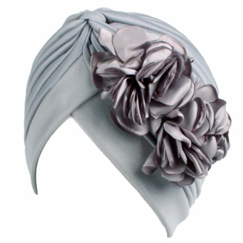 ARROMI Kopfbedeckung Chemo Damen, Chemo Kopfbedeckung Damen, Kopftuch Damen Sommer, Cap mit Blume Glatte Turban für Frau Kopf für Krebs Chemo Onkologische Chemo Night Hair Loss Hair (Hellgrau)
