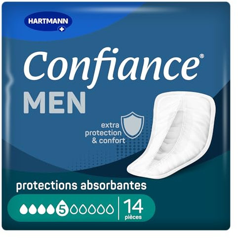 Confiance Men - Petites Protections Anatomiques Absorbantes pour Hommes - Discrètes - Niveau d'Absorption = 5 gouttes (Fuites Urinaires Moyennes) - pH Neutre à la Peau - 14 Unités