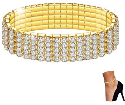 Kucheed Bracelet de Cheville en Diamant Scintillant pour Femme, Bracelets de Cheville de Bijoux de pied de D'Or de Cristal Élastique, Bracelets de Cheville (Or - 5 Rangées)