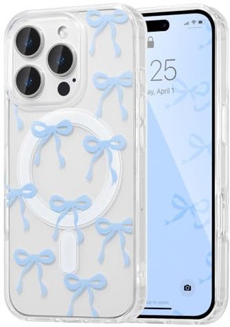 UEEBAI Magnetic for iPhone 12 Pro Max Case, Bow Case Compatible with MagSafe, Wireless Slim Clear Ribbon Aesthetic Phone Case Anti-Yellowing Shockproof Protective Cover for Women Girl - Baby Blue