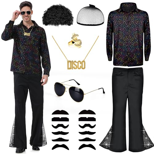 Aragallant 70er Jahre Outfit - Disco Kostüm mit Hemd und Schlaghosen für Herren, Perücke, Sonnenbrille, Schnurrbart