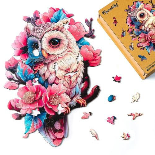 Figured'Art Holzpuzzle Erwachsene und Kinder 200 Teile Tiere - Blumen-Eule - Originelles Design 28x39 cm Einzigartige Form mit Premium-Holzkiste
