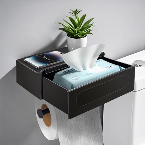 Porte-rouleau de papier toilette sans perçage avec boîte à lingettes humides, noir avec tiroir, support de papier pour salle de bain