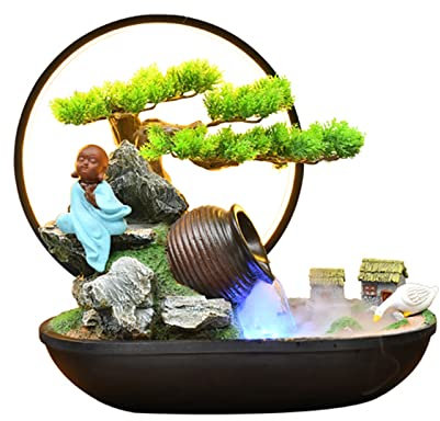 Fontaine Interieur Fontaine d'eau d'intérieur, bonsaï artificiel et statue de Bouddha, fontaine de table avec lumières LED, fontaine zen for la maison, le bureau, la chambre à coucher, la décoration d
